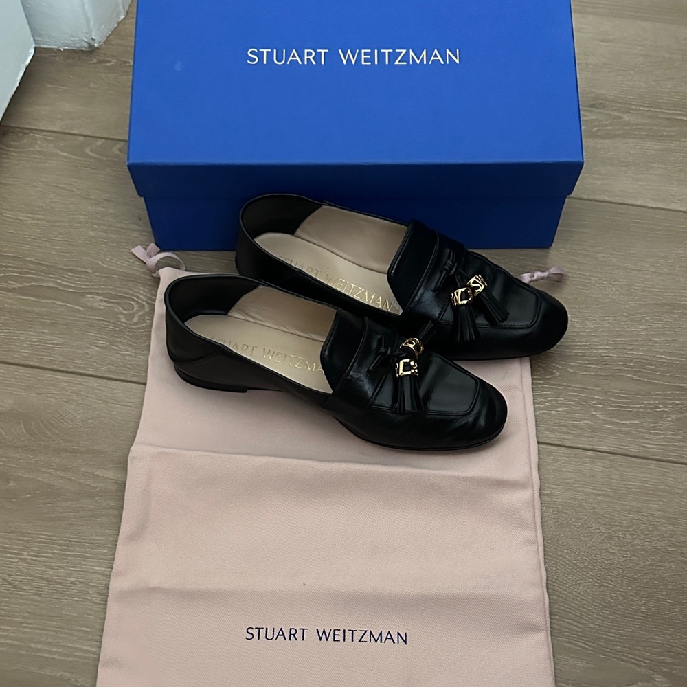 Stuart Weitzman Black Leather Loafers with Gold Accents